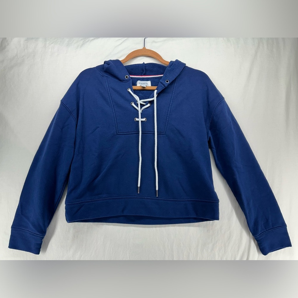 Evereve Crop Hoodie Tie Close Nautical‎ Blue White Long Sleeve Size XS